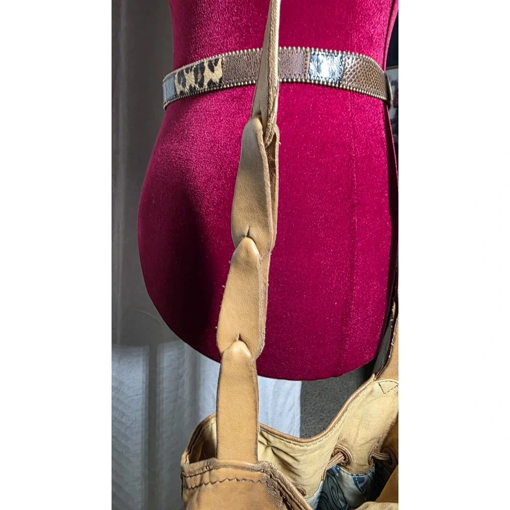 Lucky Brand Y2K Brown Lamb Leather Bucket Bag Boho Drawstring Crossbody Purse